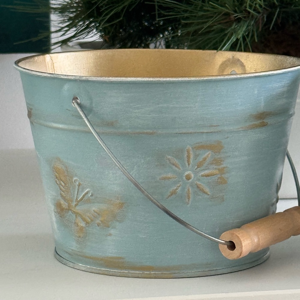 Blue Metal Buckets with Gold Accents and Gold Inside Decorative Use - Picture 3 of 8